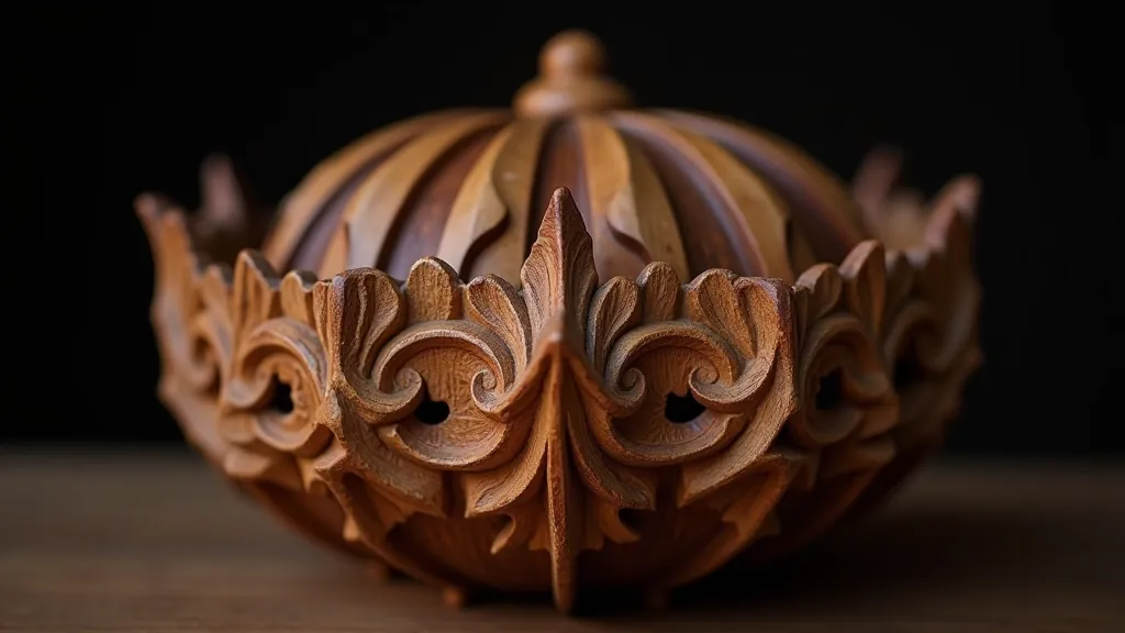 Finální vyrytý dřevěný ornament vystavený na tmavém pozadí
